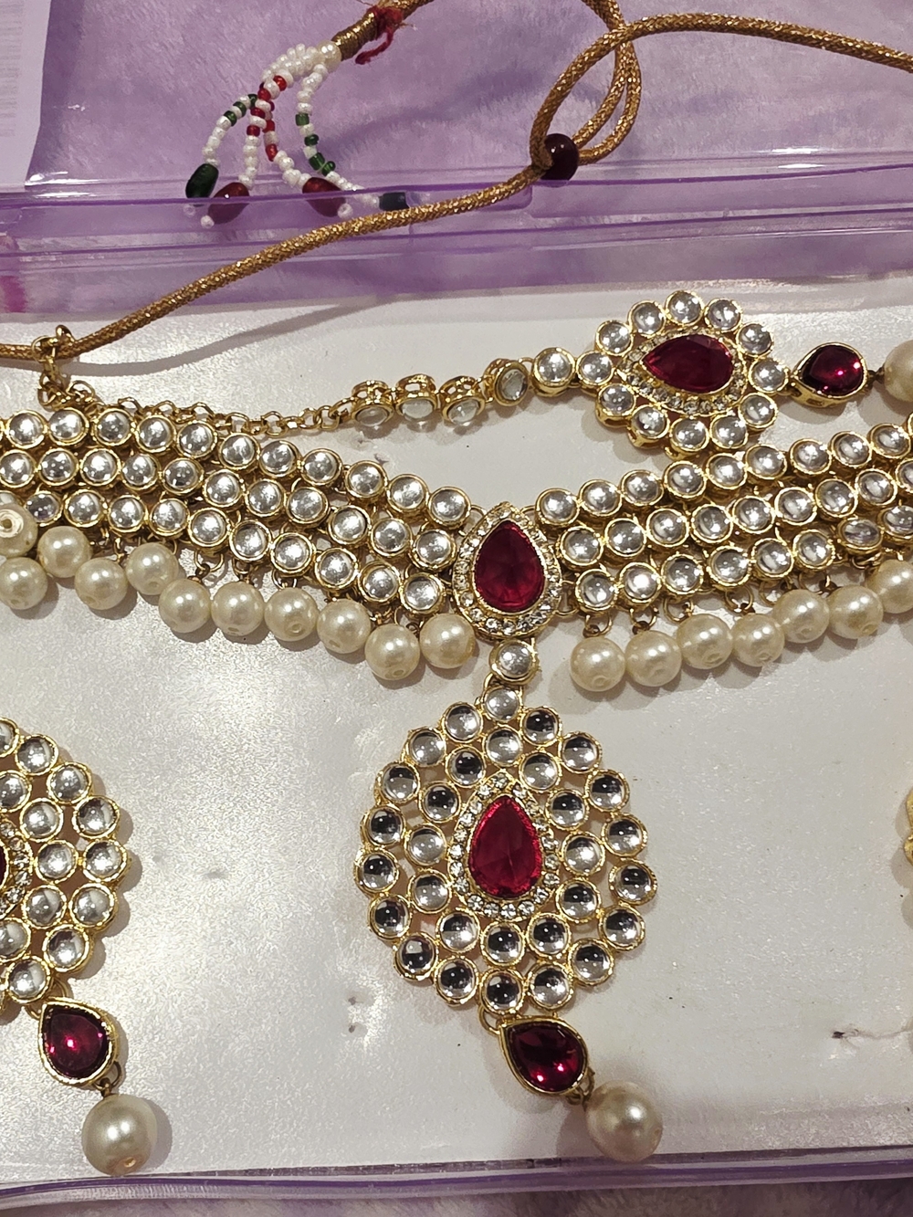 Traditional Gold-Tone Pearl & Red Stone Choker Necklace by